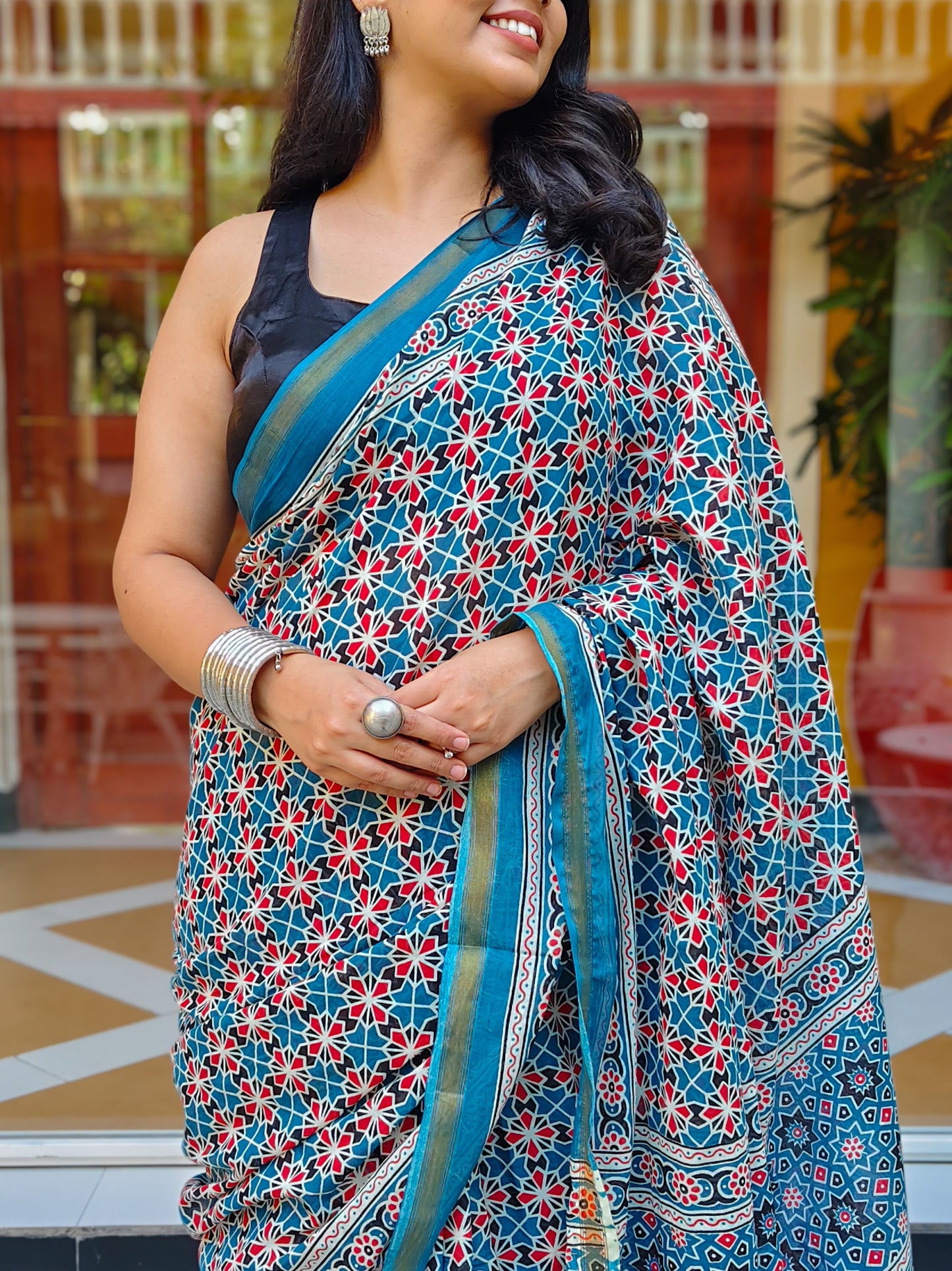 Teal & White Handblock Printed Chanderi Cotton Saree