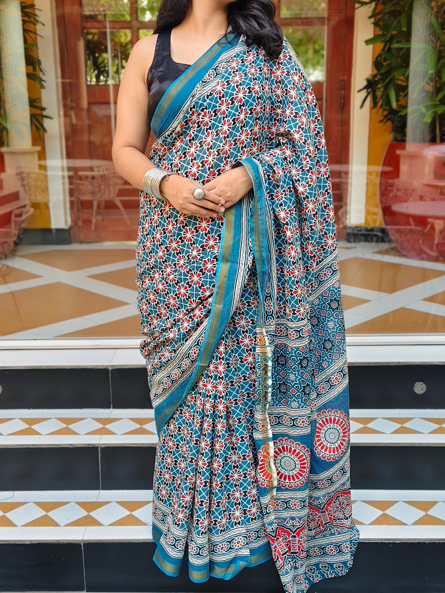Teal & White Handblock Printed Chanderi Cotton Saree