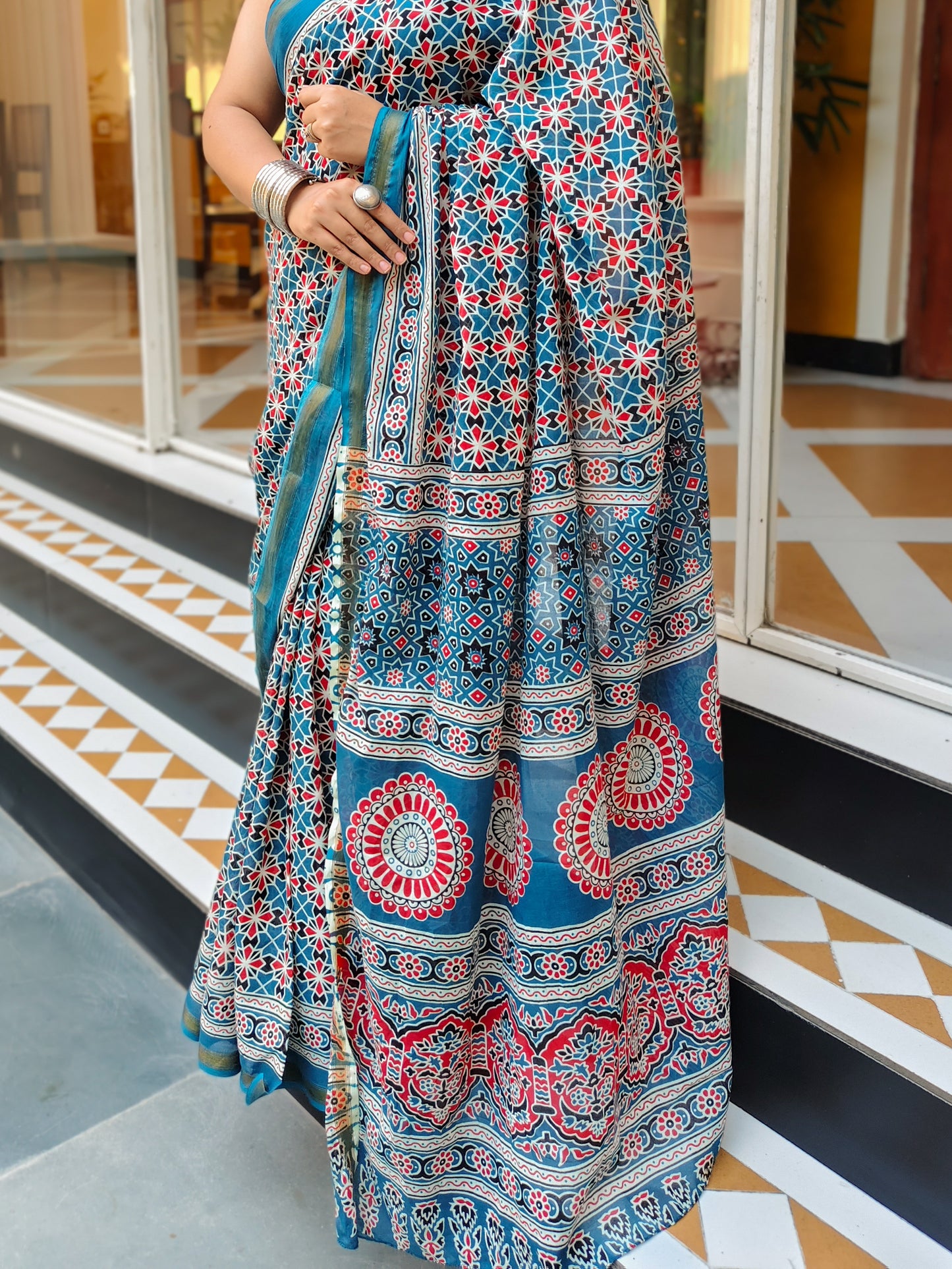 Teal & White Handblock Printed Chanderi Cotton Saree