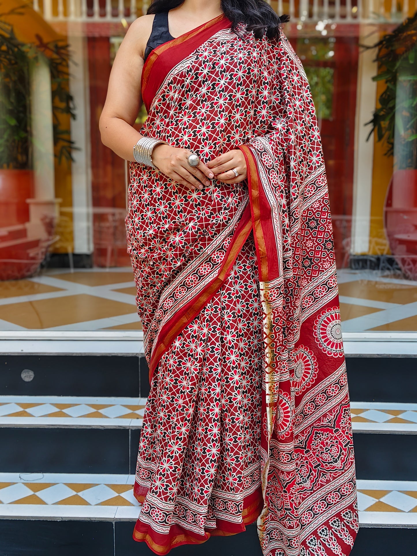 Rust & White Handblock Printed Chanderi Cotton Saree