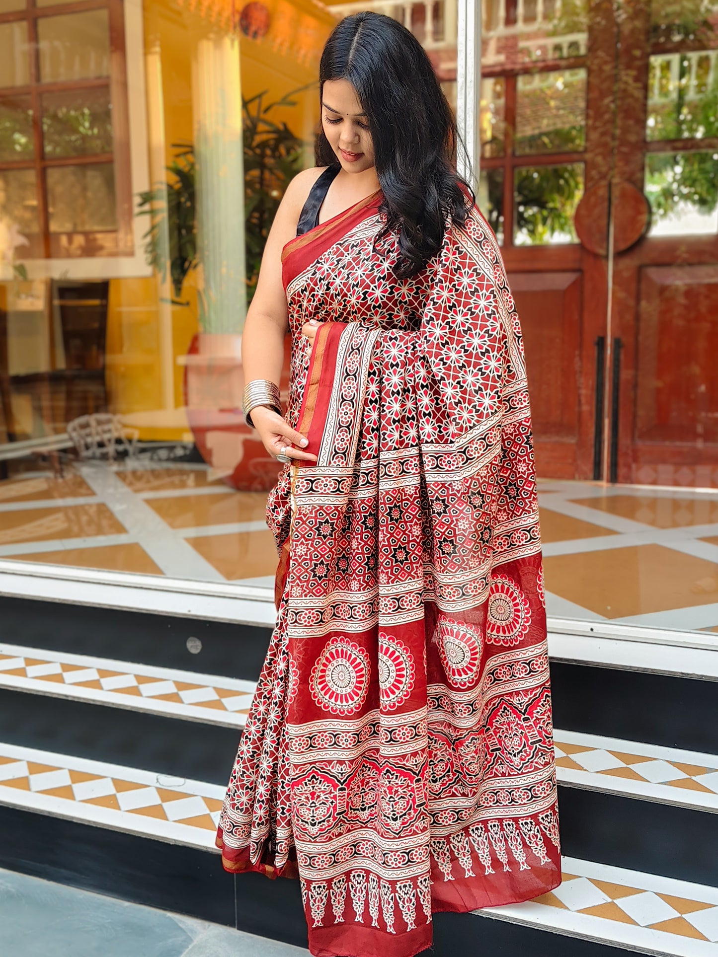 Rust & White Handblock Printed Chanderi Cotton Saree