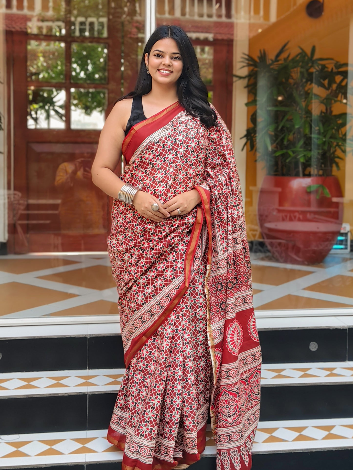 Rust & White Handblock Printed Chanderi Cotton Saree