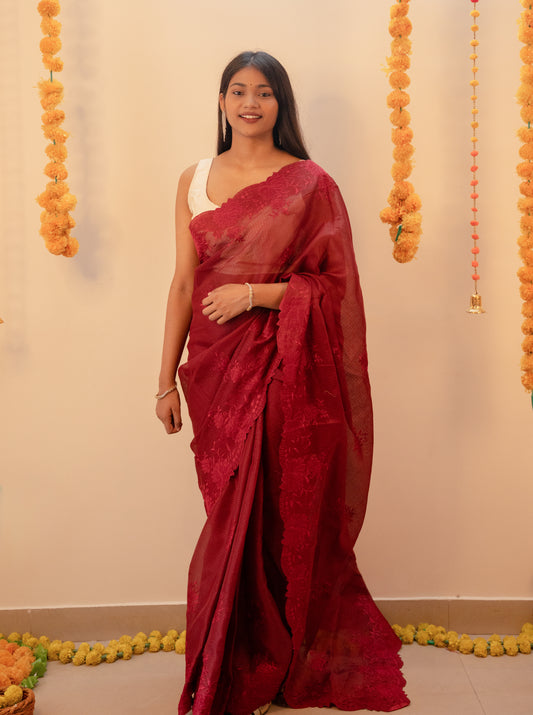 Maroon Cutwork Kota Doria Saree