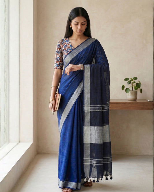Indigo Pure Linen Saree With Handblock Printed Blouse Piece