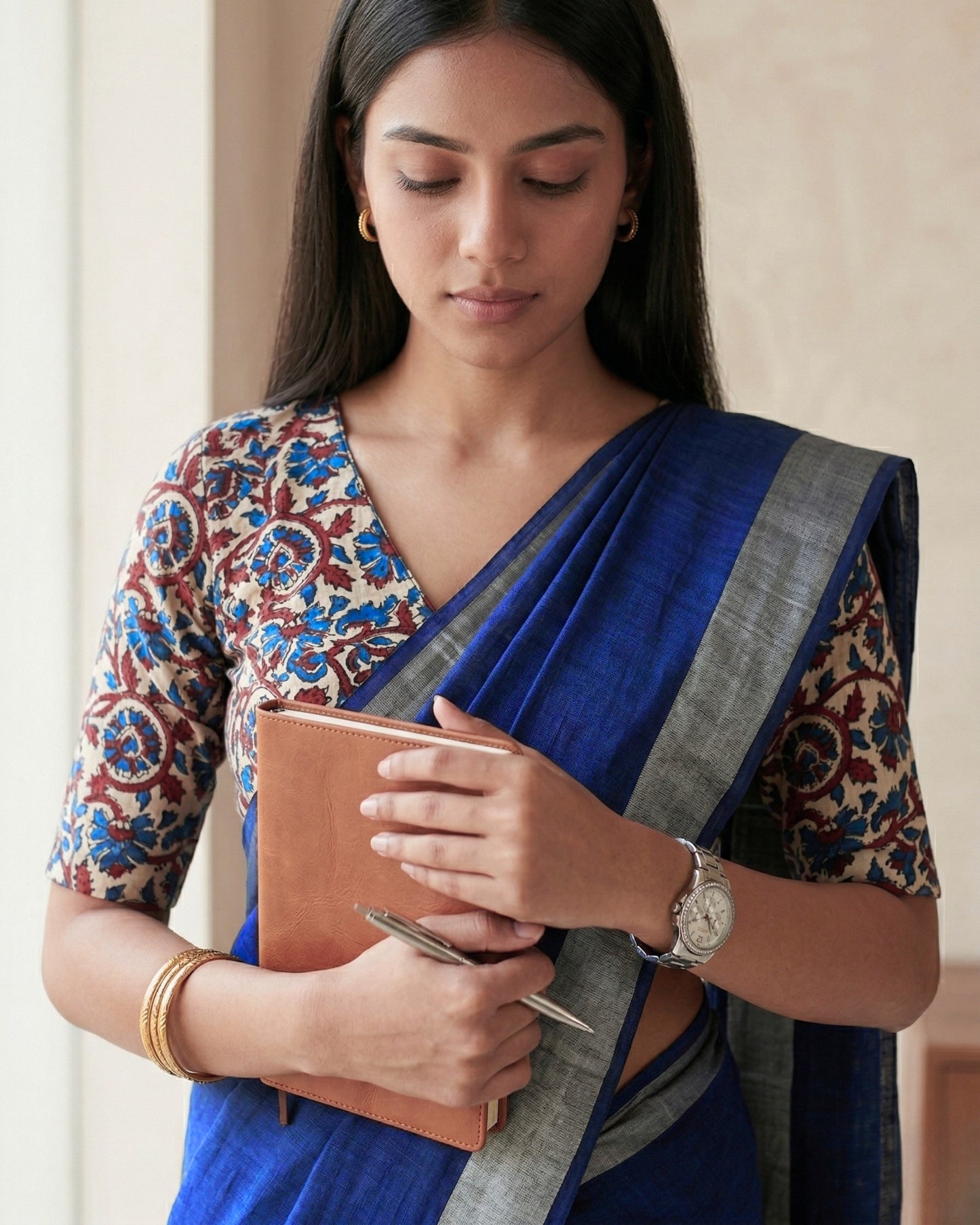 Indigo Pure Linen Saree With Handblock Printed Blouse Piece