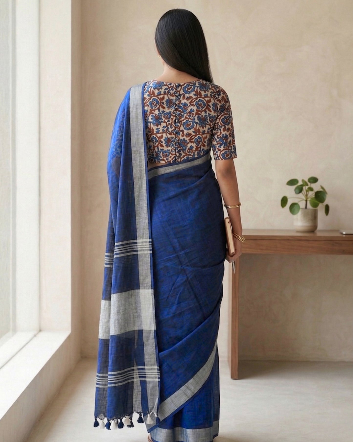 Indigo Pure Linen Saree With Handblock Printed Blouse Piece
