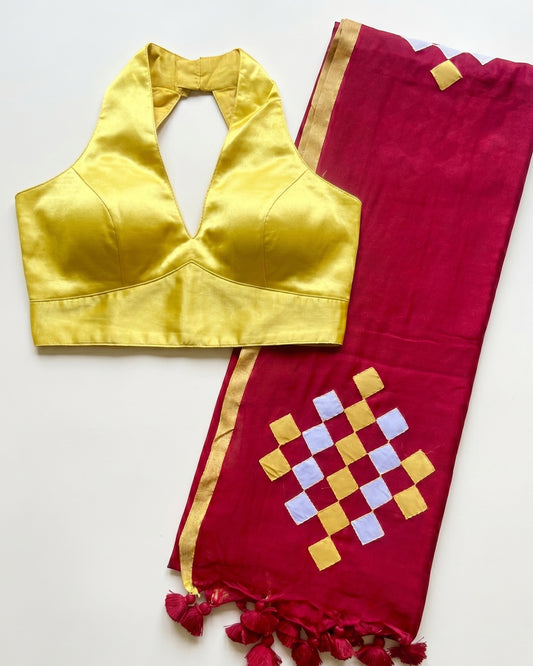 Laal Patchwork Handloom Cotton Saree + Yellow Gajji Silk Blouse Combo