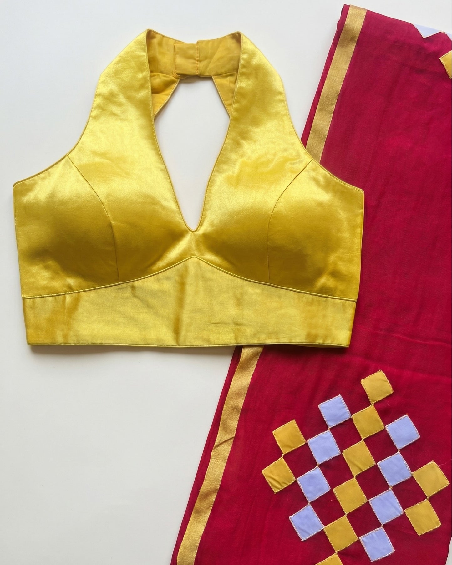 Laal Patchwork Handloom Cotton Saree + Yellow Gajji Silk Blouse Combo
