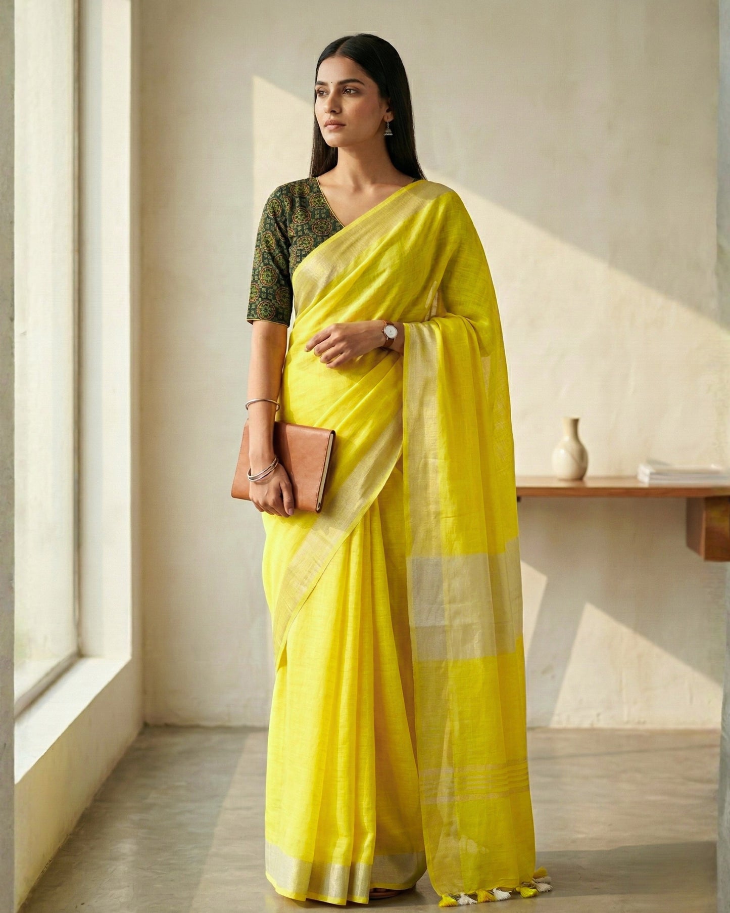 Lemon Yellow Pure Linen Saree With Handblock Printed Blouse Piece