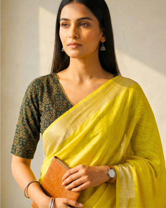 Lemon Yellow Pure Linen Saree With Handblock Printed Blouse Piece