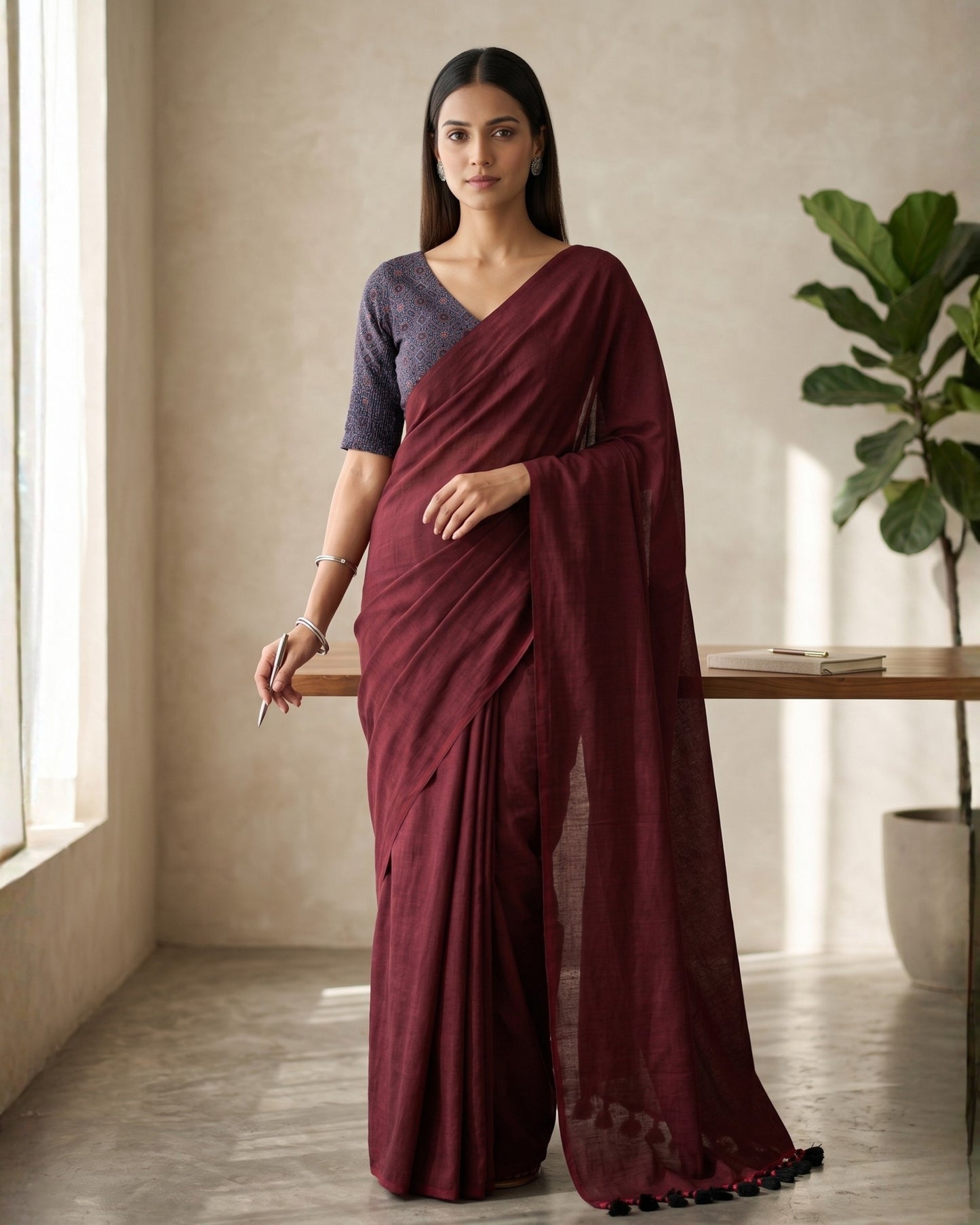 Maroon Handwoven Khadi Cotton Saree + Stretchable Cotton Blouse Combo