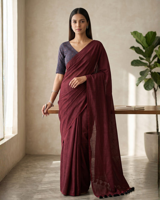 Maroon Handwoven Khadi Cotton Saree + Stretchable Cotton Blouse Combo