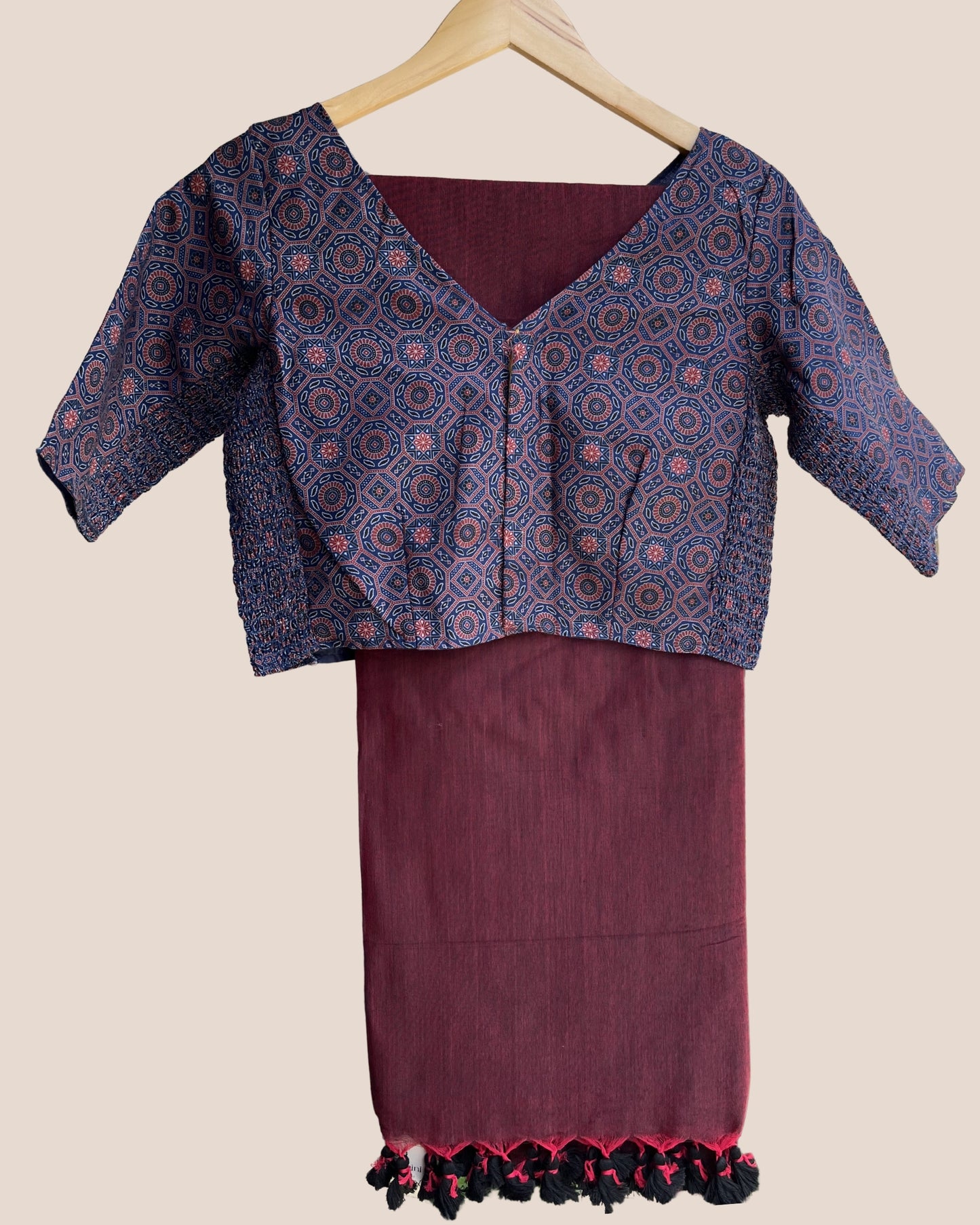 Maroon Handwoven Khadi Cotton Saree + Stretchable Cotton Blouse Combo