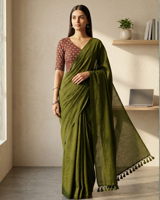 Mehendi Green Handwoven Khadi Cotton Saree + Stretchable Cotton Blouse Combo