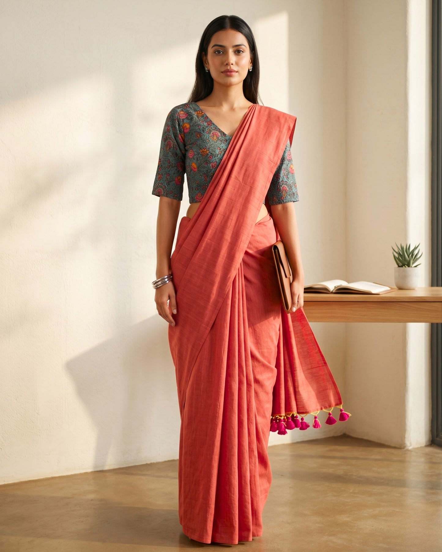 Orange Handwoven Khadi Cotton Saree + Stretchable Cotton Blouse Combo