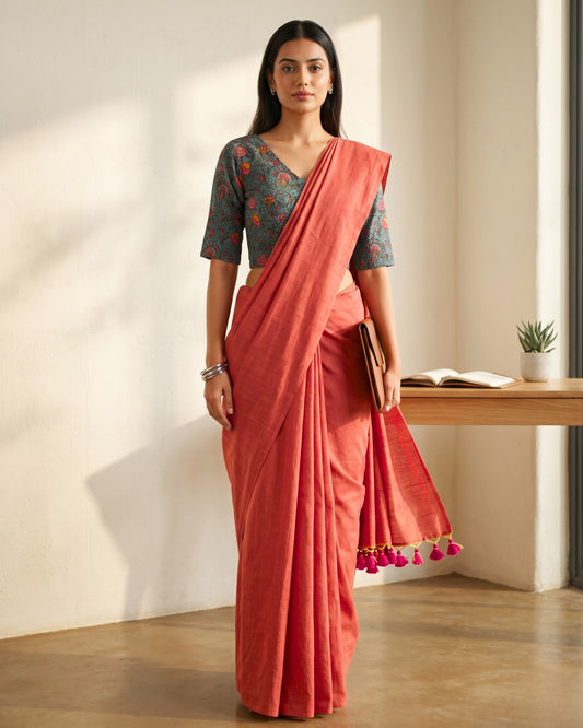 Orange Handwoven Khadi Cotton Saree + Stretchable Cotton Blouse Combo