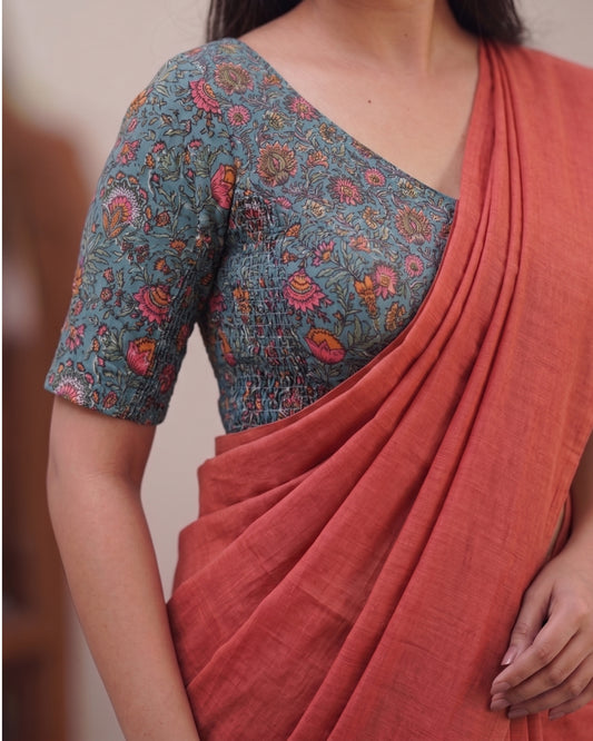 Orange Handwoven Khadi Cotton Saree + Stretchable Cotton Blouse Combo