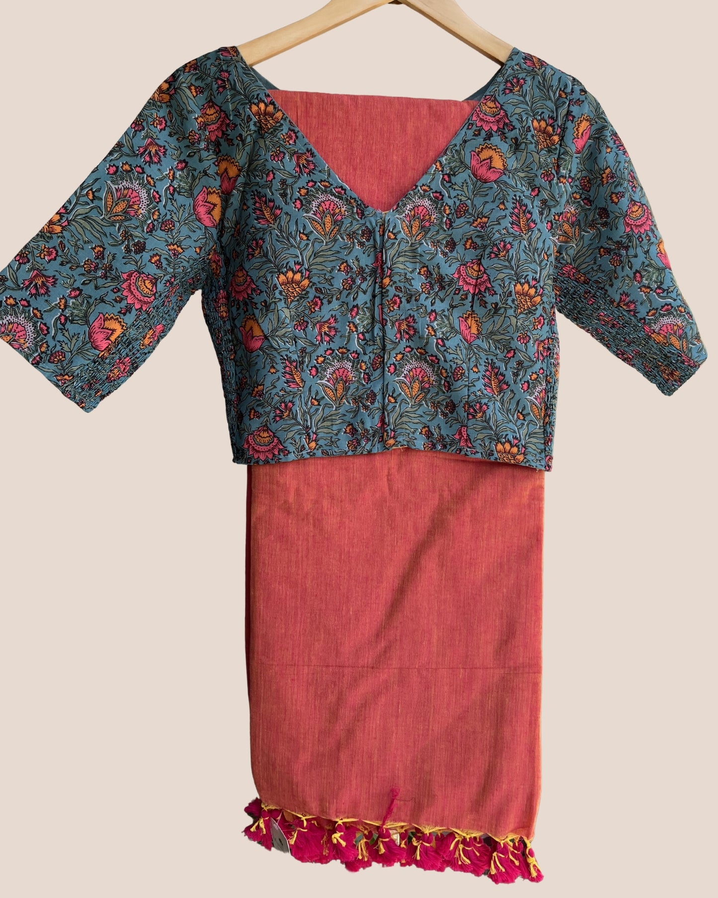 Orange Handwoven Khadi Cotton Saree + Stretchable Cotton Blouse Combo