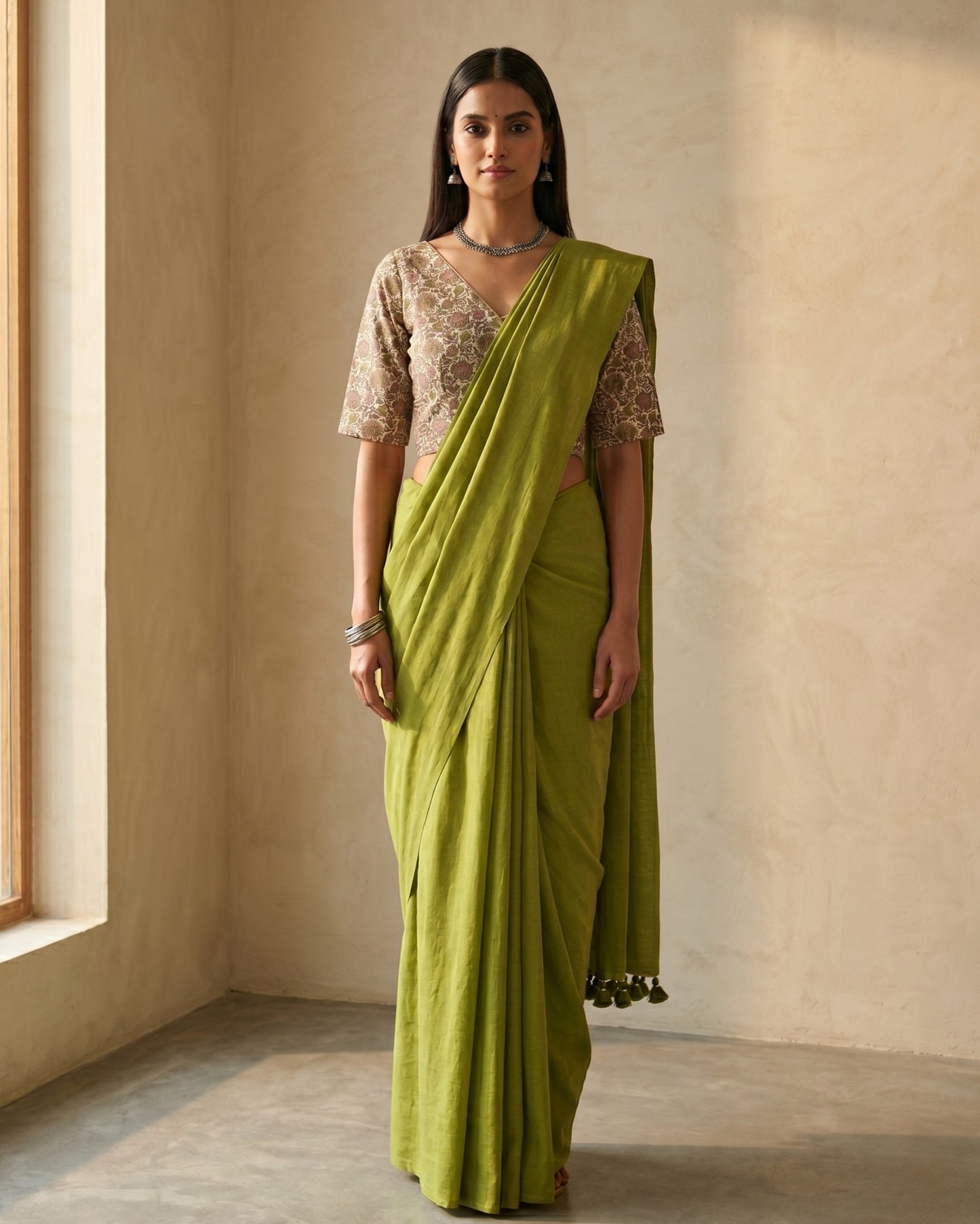 Parrot Green Handwoven Khadi Cotton Saree + Stretchable Cotton Blouse Combo