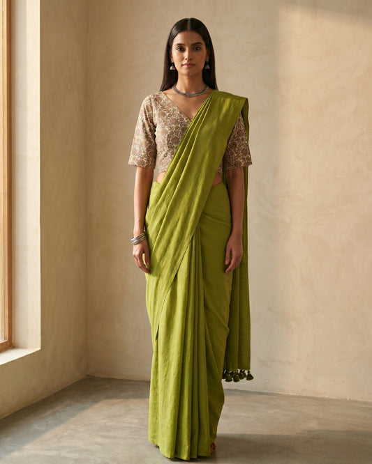Parrot Green Handwoven Khadi Cotton Saree + Stretchable Cotton Blouse Combo