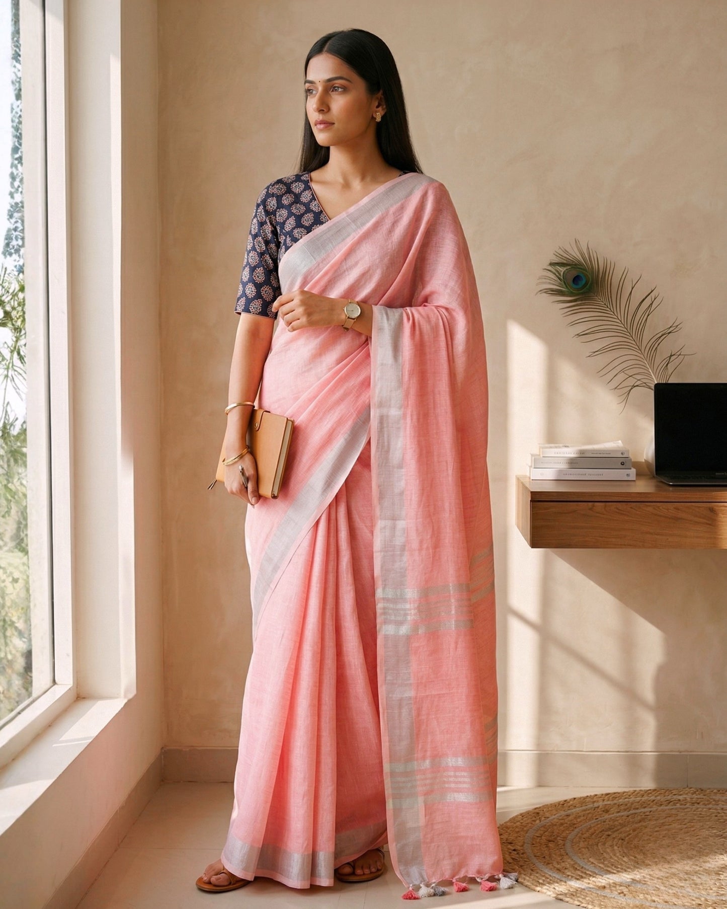 Pastel Pink Pure Linen Saree With Handblock Printed Blouse Piece