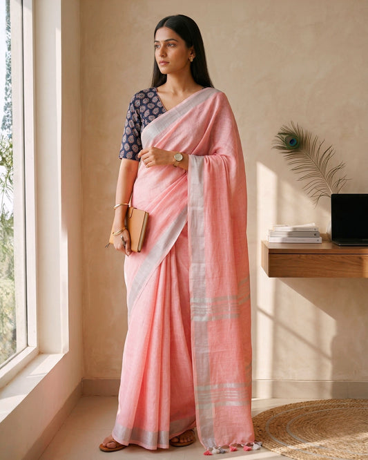 Pastel Pink Pure Linen Saree With Handblock Printed Blouse Piece