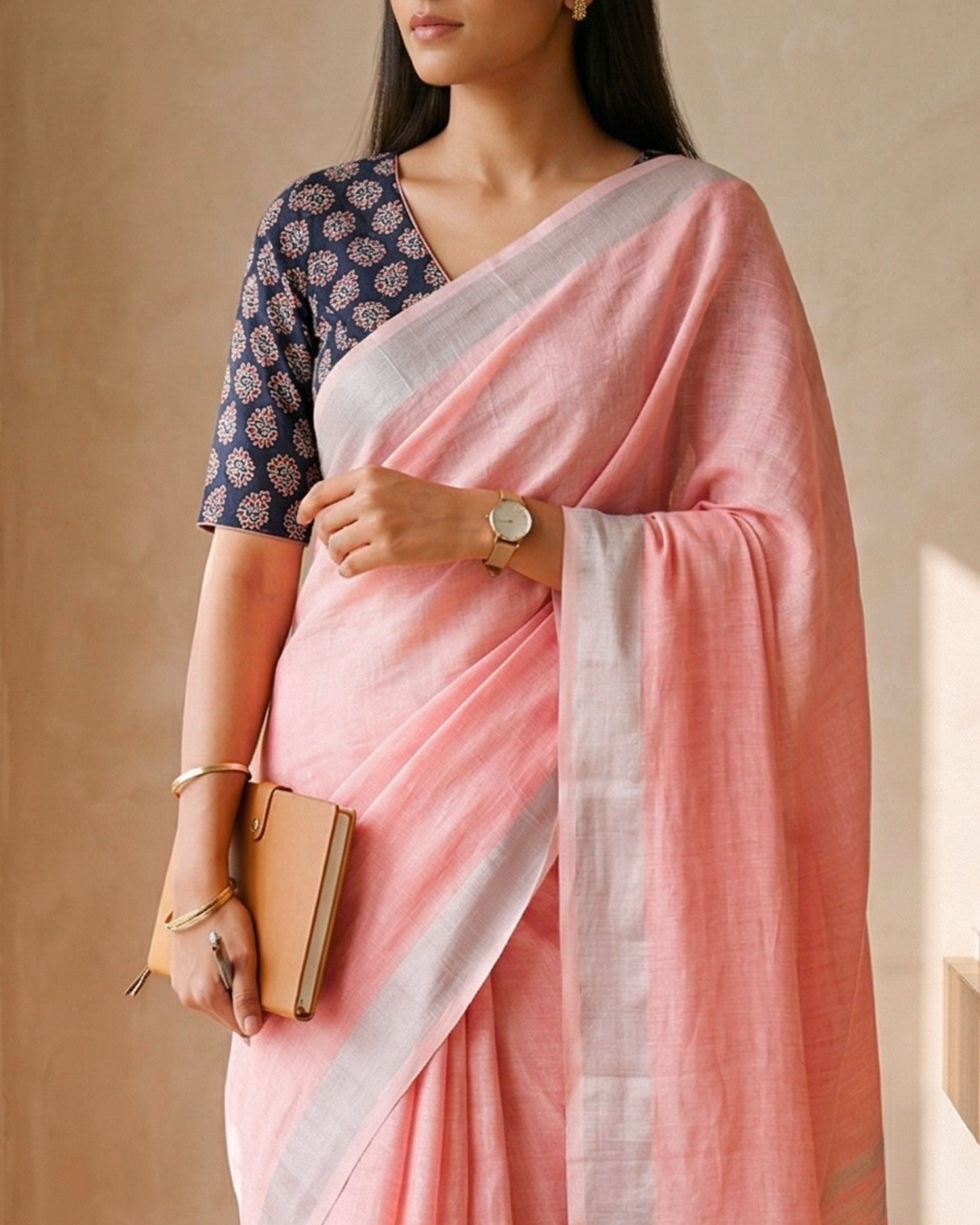 Pastel Pink Pure Linen Saree With Handblock Printed Blouse Piece