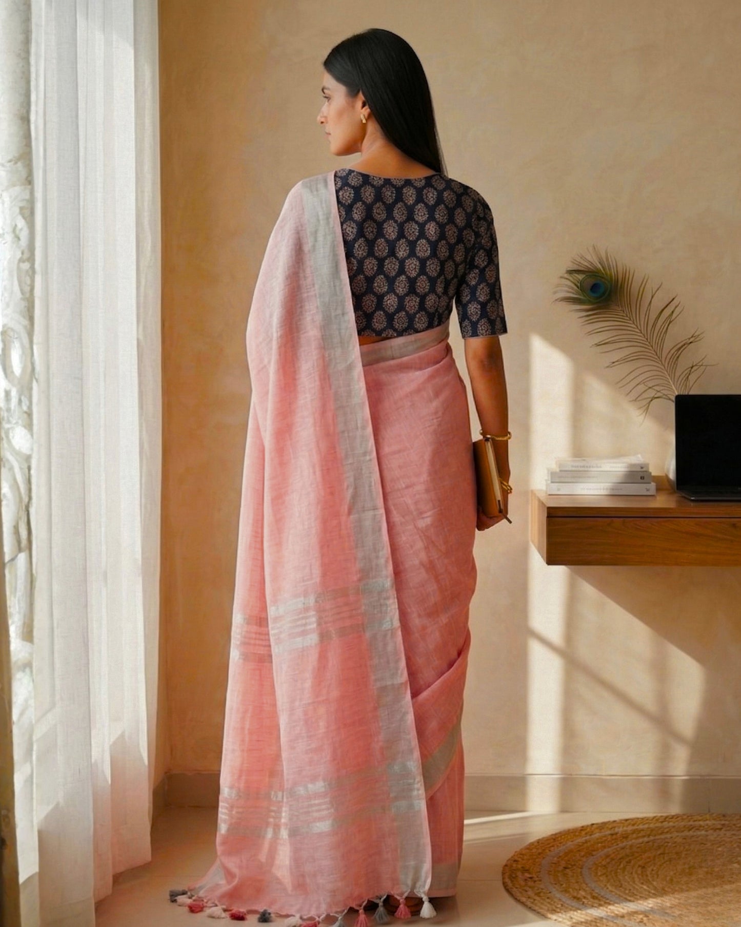 Pastel Pink Pure Linen Saree With Handblock Printed Blouse Piece
