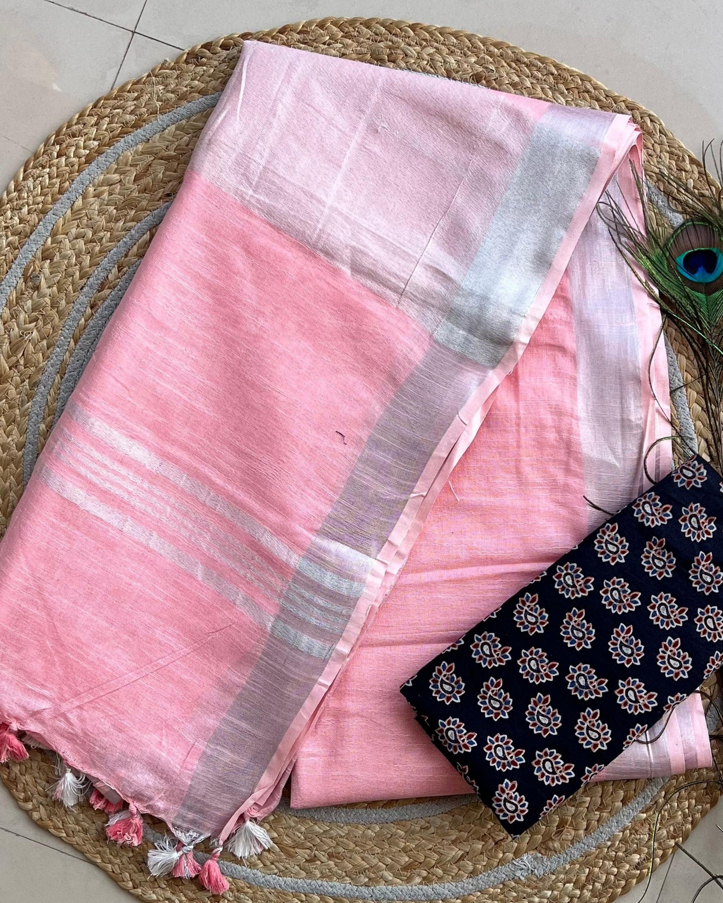 Pastel Pink Pure Linen Saree With Handblock Printed Blouse Piece