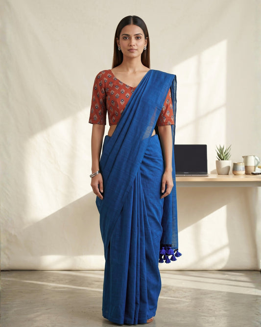 Peacock Blue Handwoven Khadi Cotton Saree + Stretchable Cotton Blouse Combo