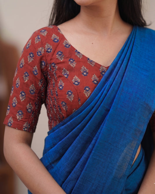 Peacock Blue Handwoven Khadi Cotton Saree + Stretchable Cotton Blouse Combo