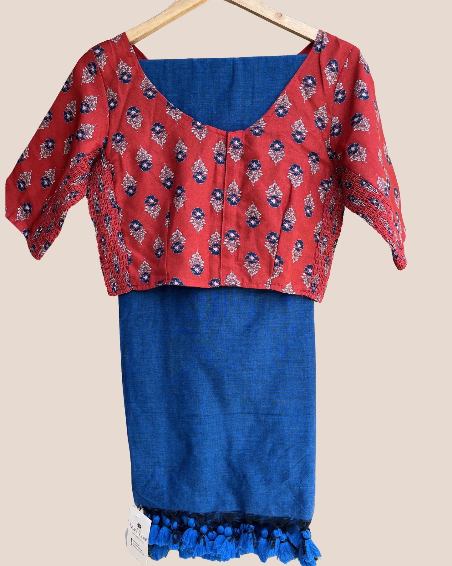Peacock Blue Handwoven Khadi Cotton Saree + Stretchable Cotton Blouse Combo