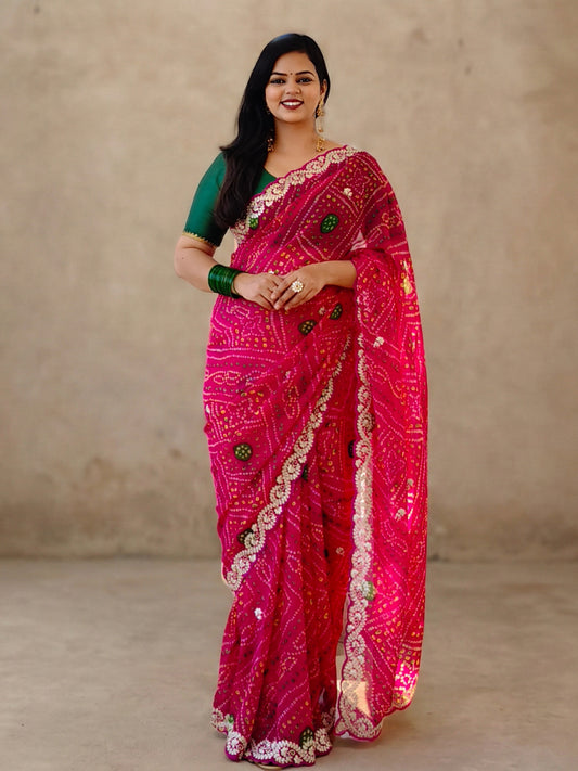 Pink Bandhani Printed Georgette Saree