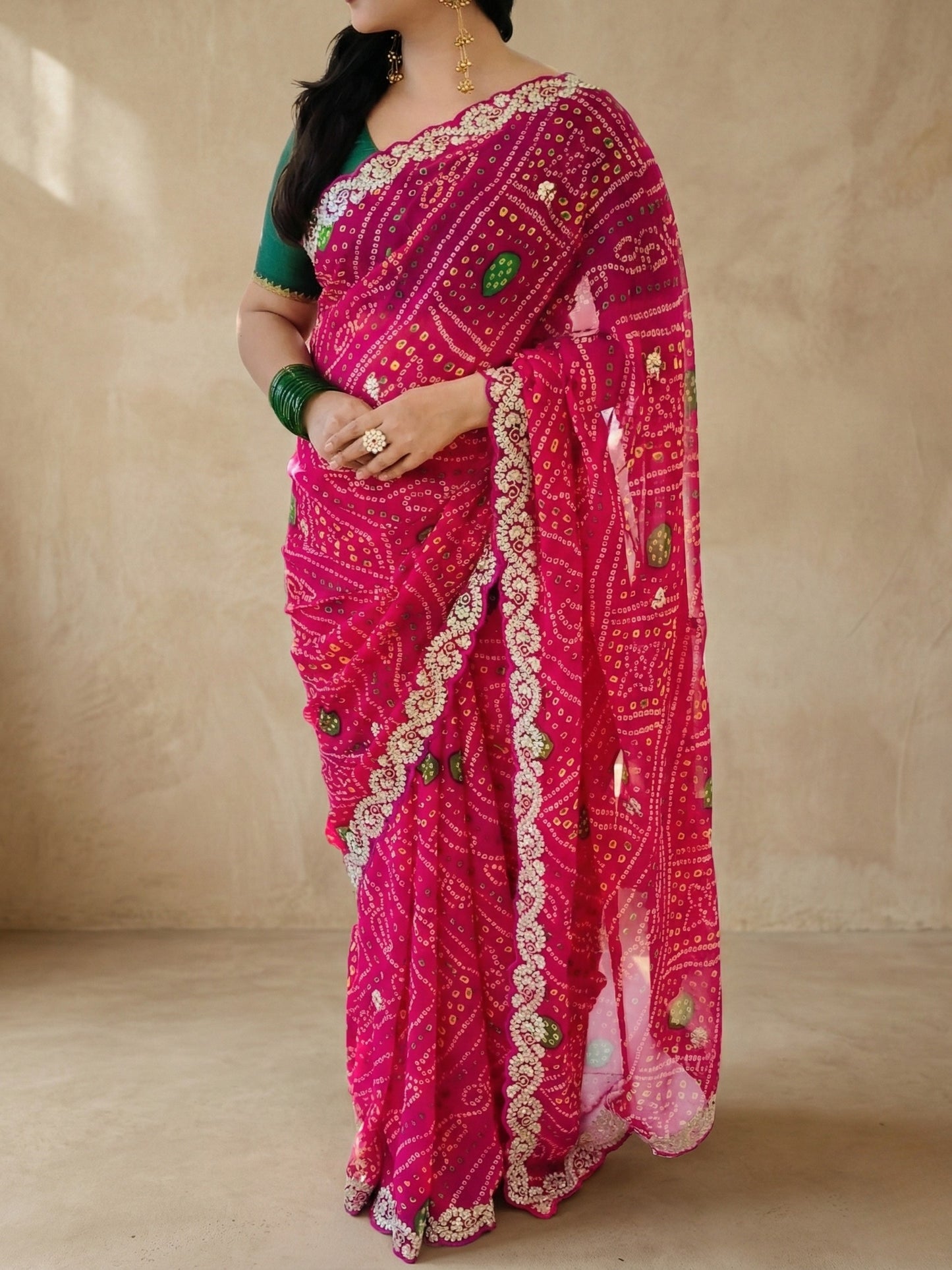 Pink Bandhani Printed Georgette Saree