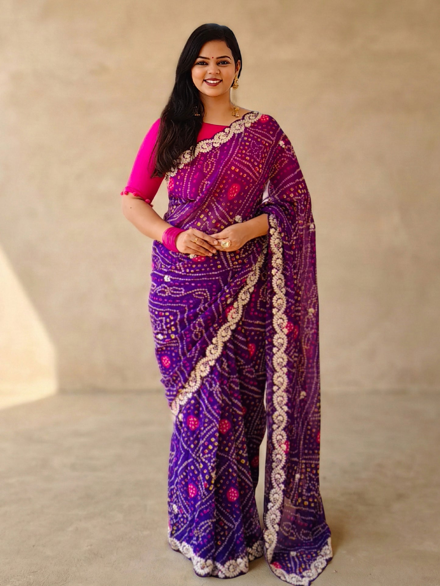 Purple Bandhani Printed Georgette Saree