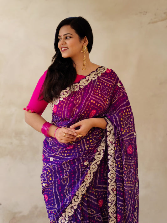 Purple Bandhani Printed Georgette Saree
