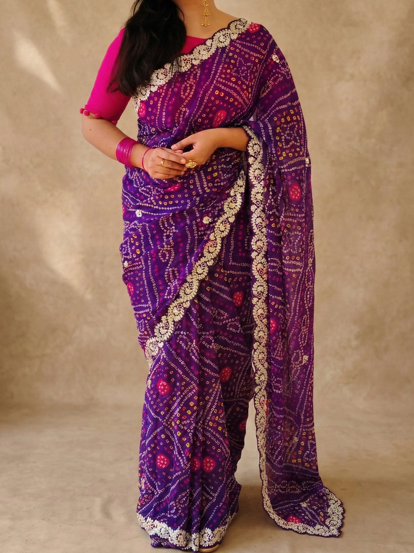 Purple Bandhani Printed Georgette Saree