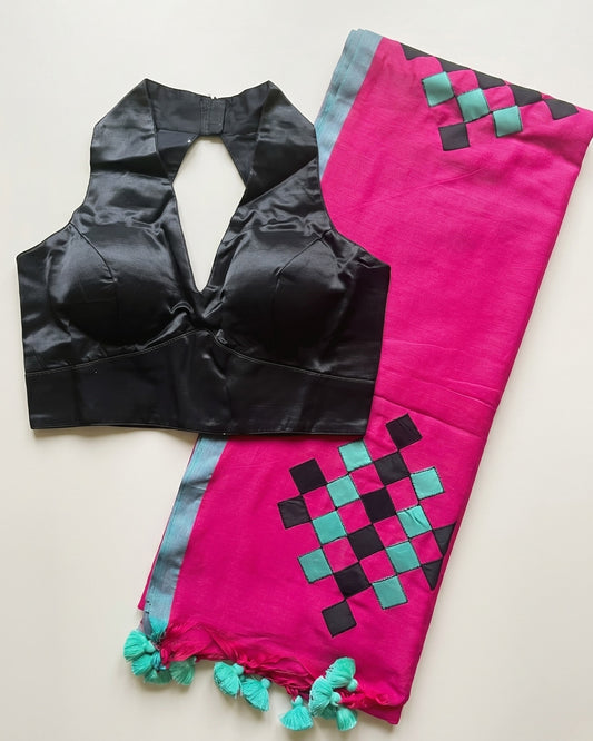 Rani Pink Patchwork Handloom Cotton Saree + Black Gajji Silk Blouse Combo