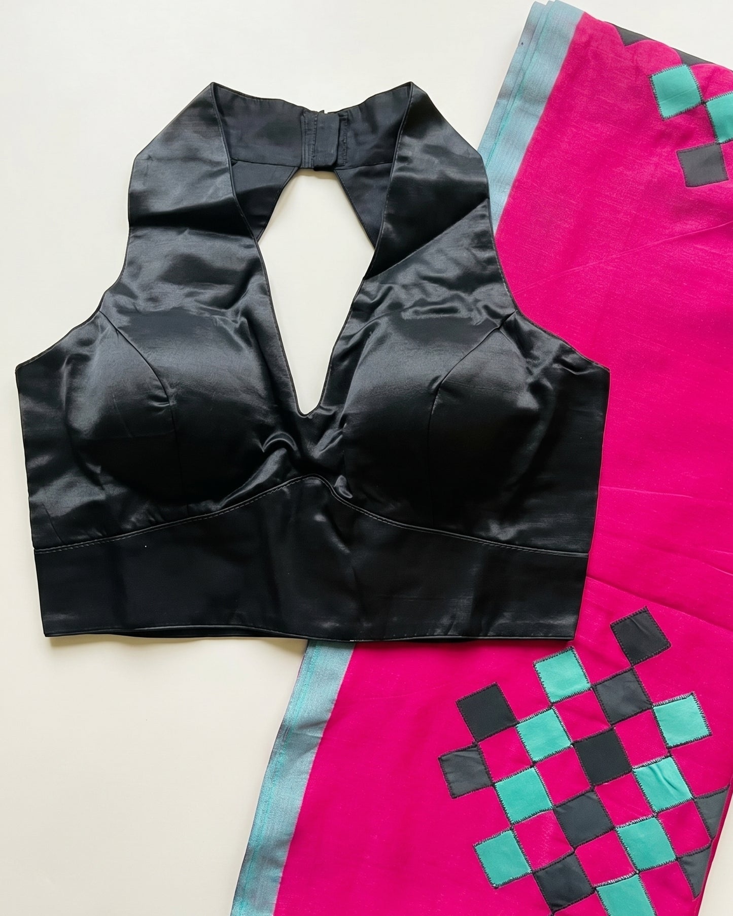 Rani Pink Patchwork Handloom Cotton Saree + Black Gajji Silk Blouse Combo