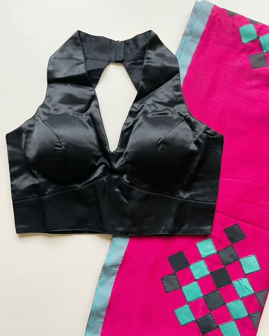 Rani Pink Patchwork Handloom Cotton Saree + Black Gajji Silk Blouse Combo