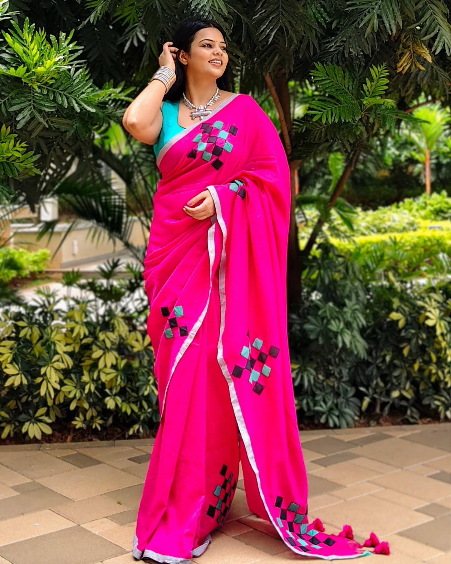 Rani Pink Patchwork Handloom Cotton Saree + Black Gajji Silk Blouse Combo