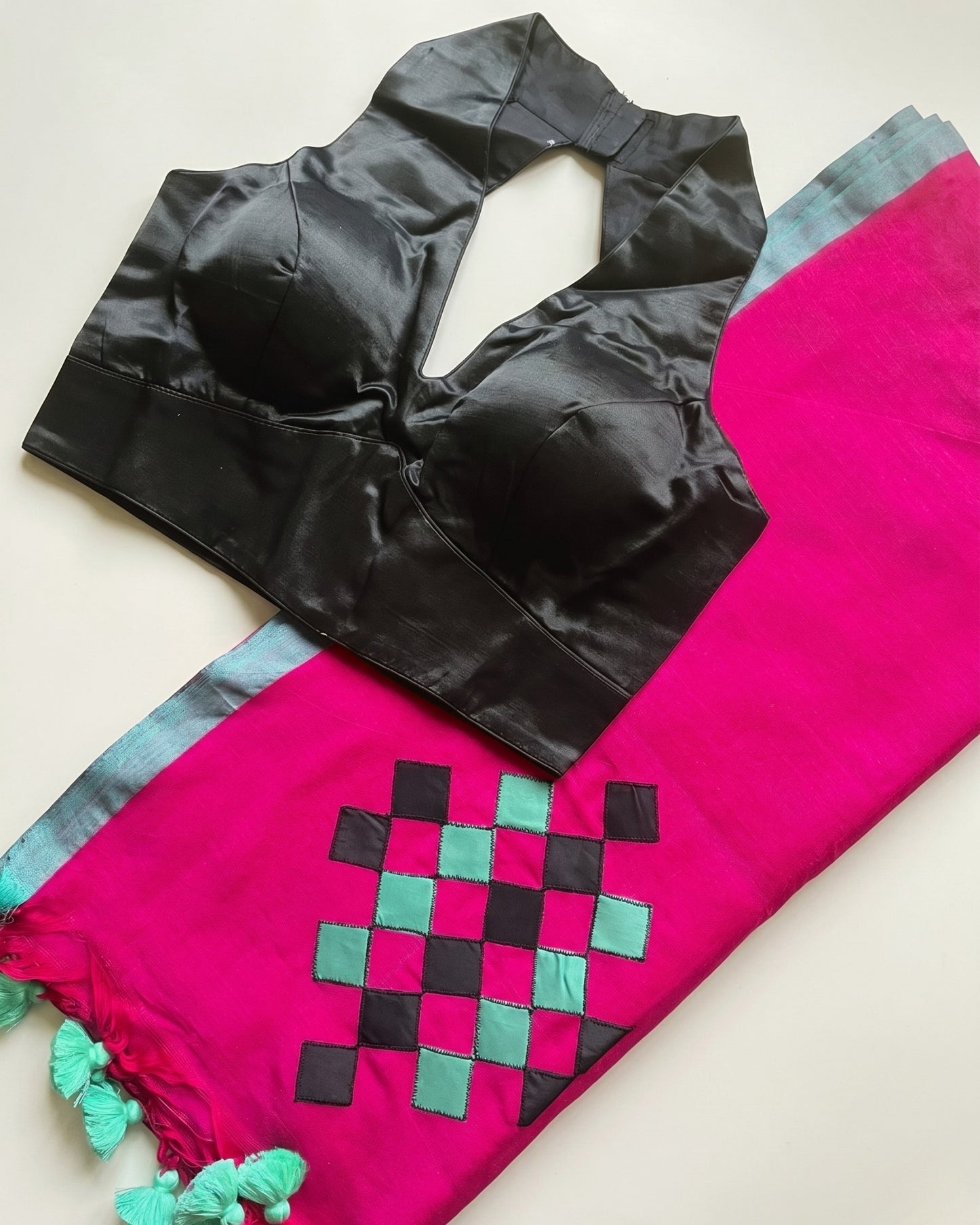 Rani Pink Patchwork Handloom Cotton Saree + Black Gajji Silk Blouse Combo