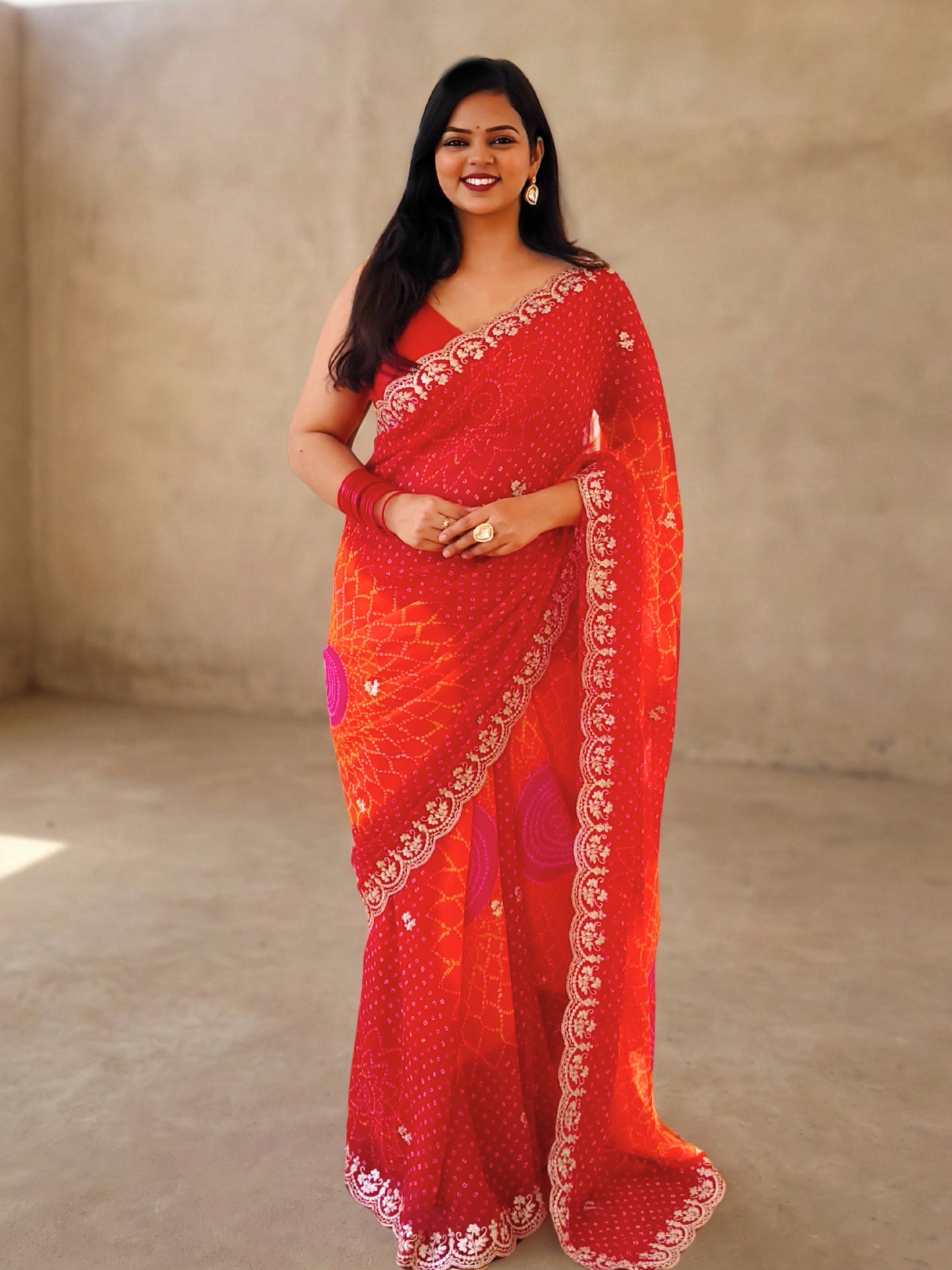 Red And Orange Bandhani Printed Georgette Saree