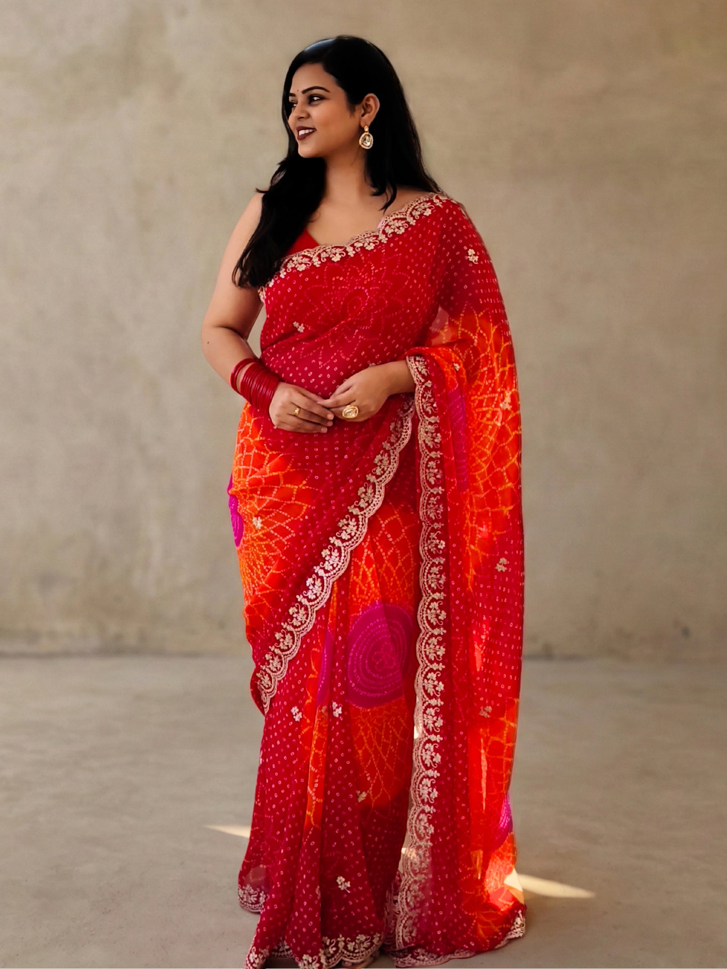 Red And Orange Bandhani Printed Georgette Saree