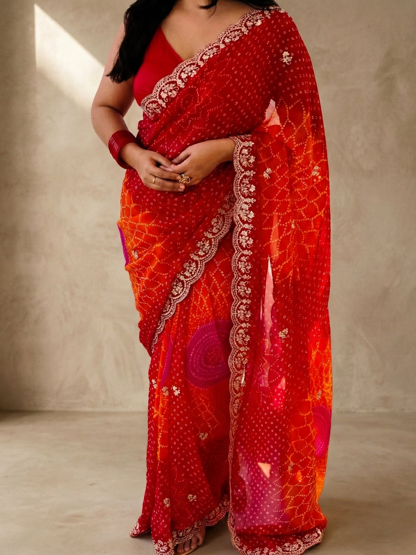 Red And Orange Bandhani Printed Georgette Saree