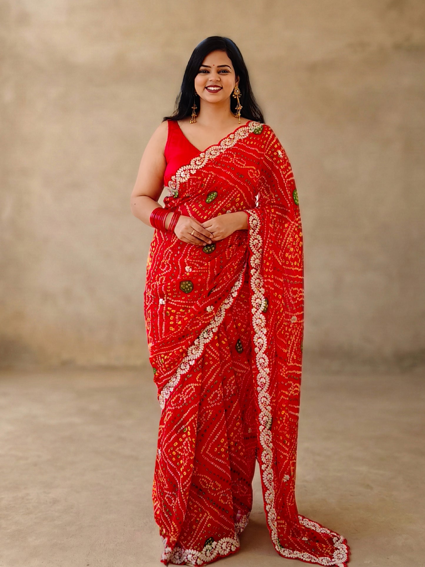 Red Bandhani Printed Georgette Saree