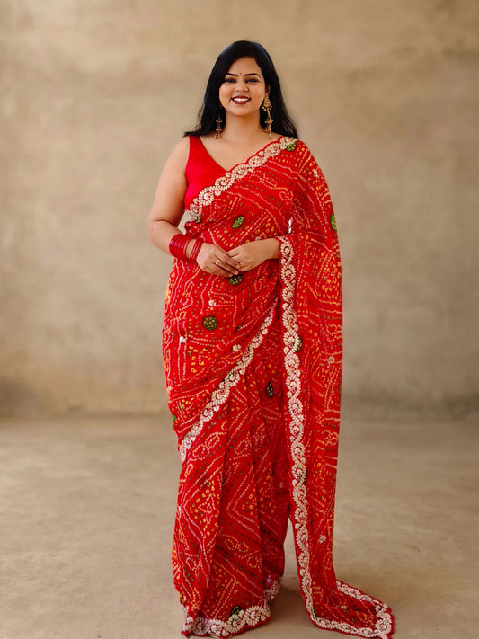 Red Bandhani Printed Georgette Saree