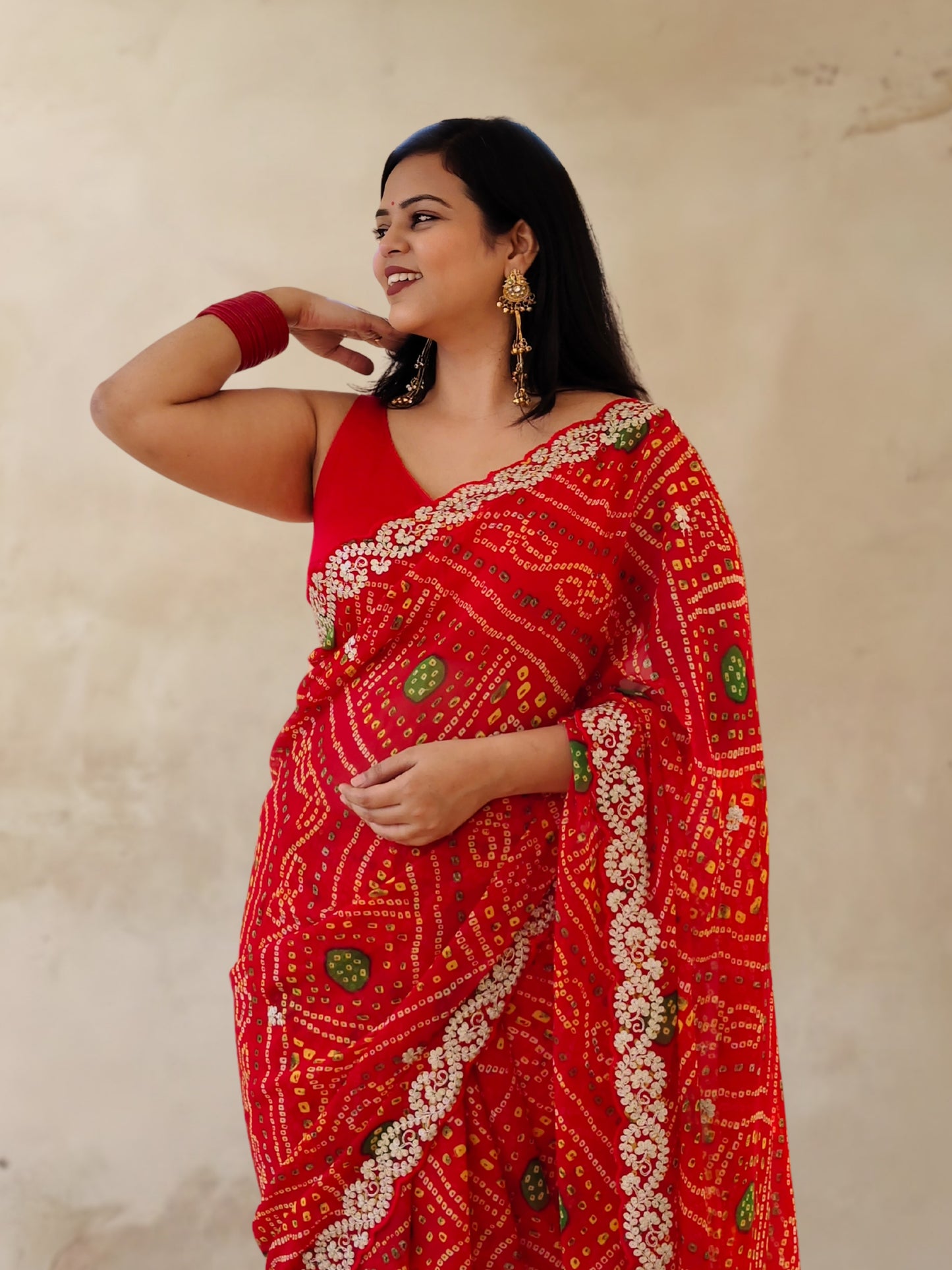 Red Bandhani Printed Georgette Saree