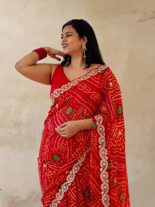 Red Bandhani Printed Georgette Saree