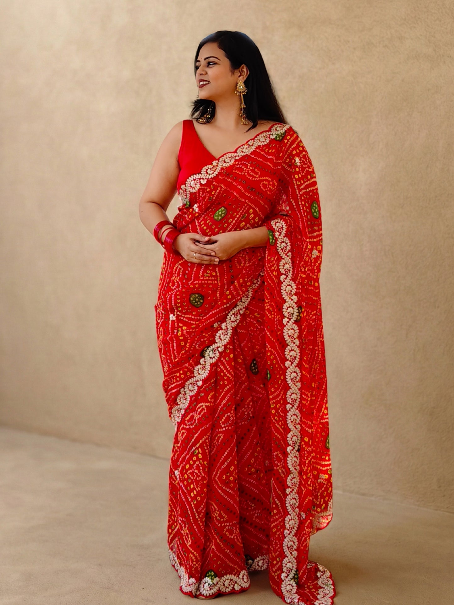 Red Bandhani Printed Georgette Saree